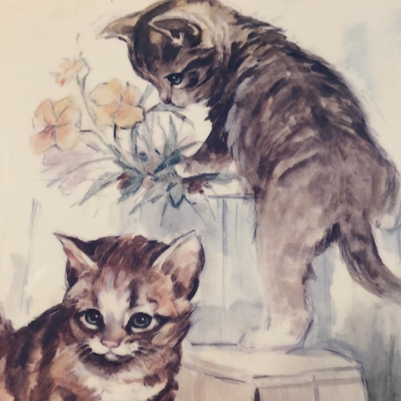 Vintage Paul Whitney Hunter lithograph print signed kittens floral framed 70s - Picture 2 of 6